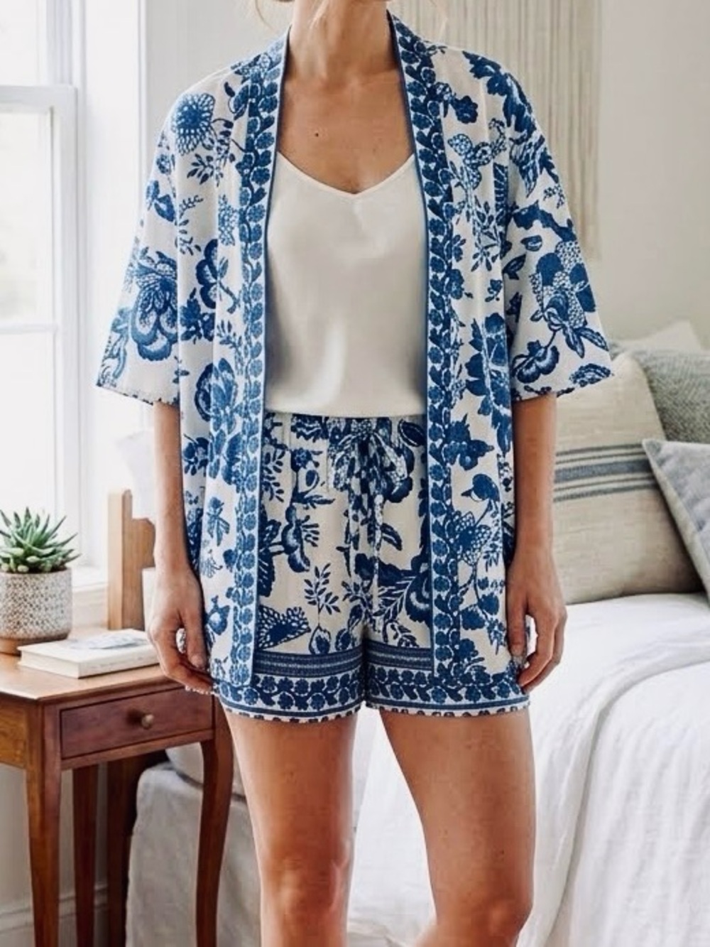 Emery Rose Kimono Short Matching Set Blue White Floral Robe Lounge Swim Sleep XL